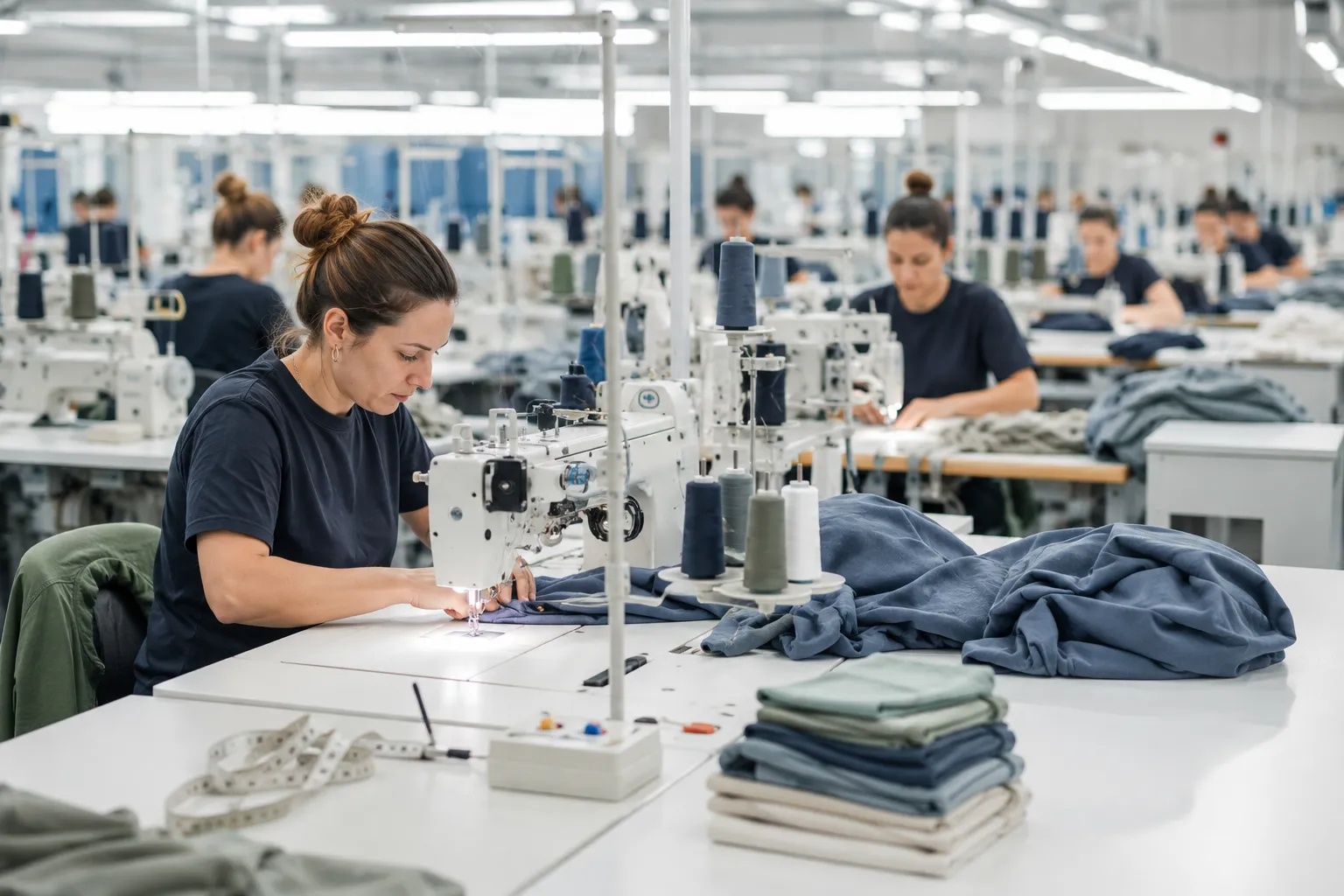 Costureiras a trabalhar em máquinas de costura numa fábrica têxtil da Rukom
