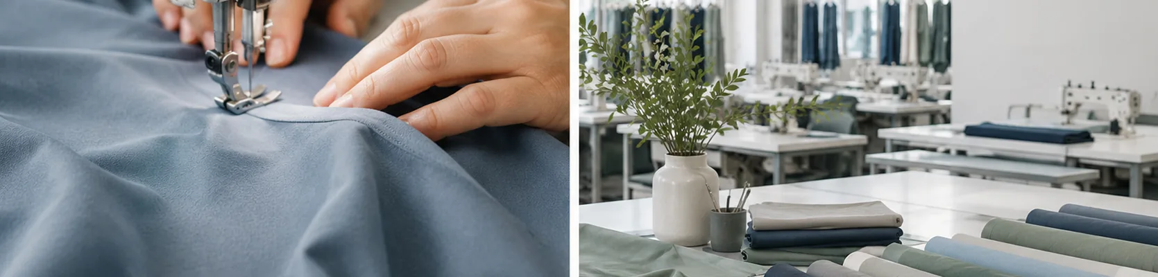 Mãos a costurar tecido azul numa máquina industrial e atelier Rukom com rolos de tecido